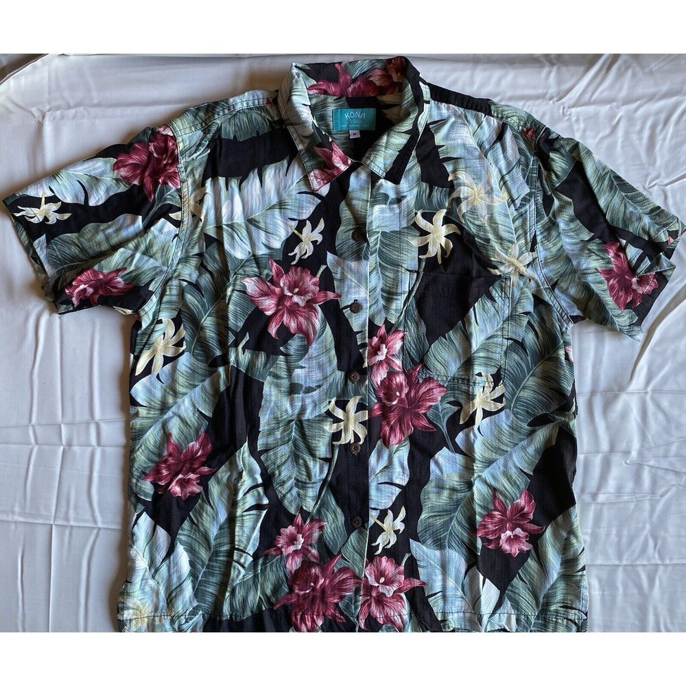 Kona‎ Malia Shirt Mens Med Black Floral Short Sleeve Button Up Tropical Hawaiian
